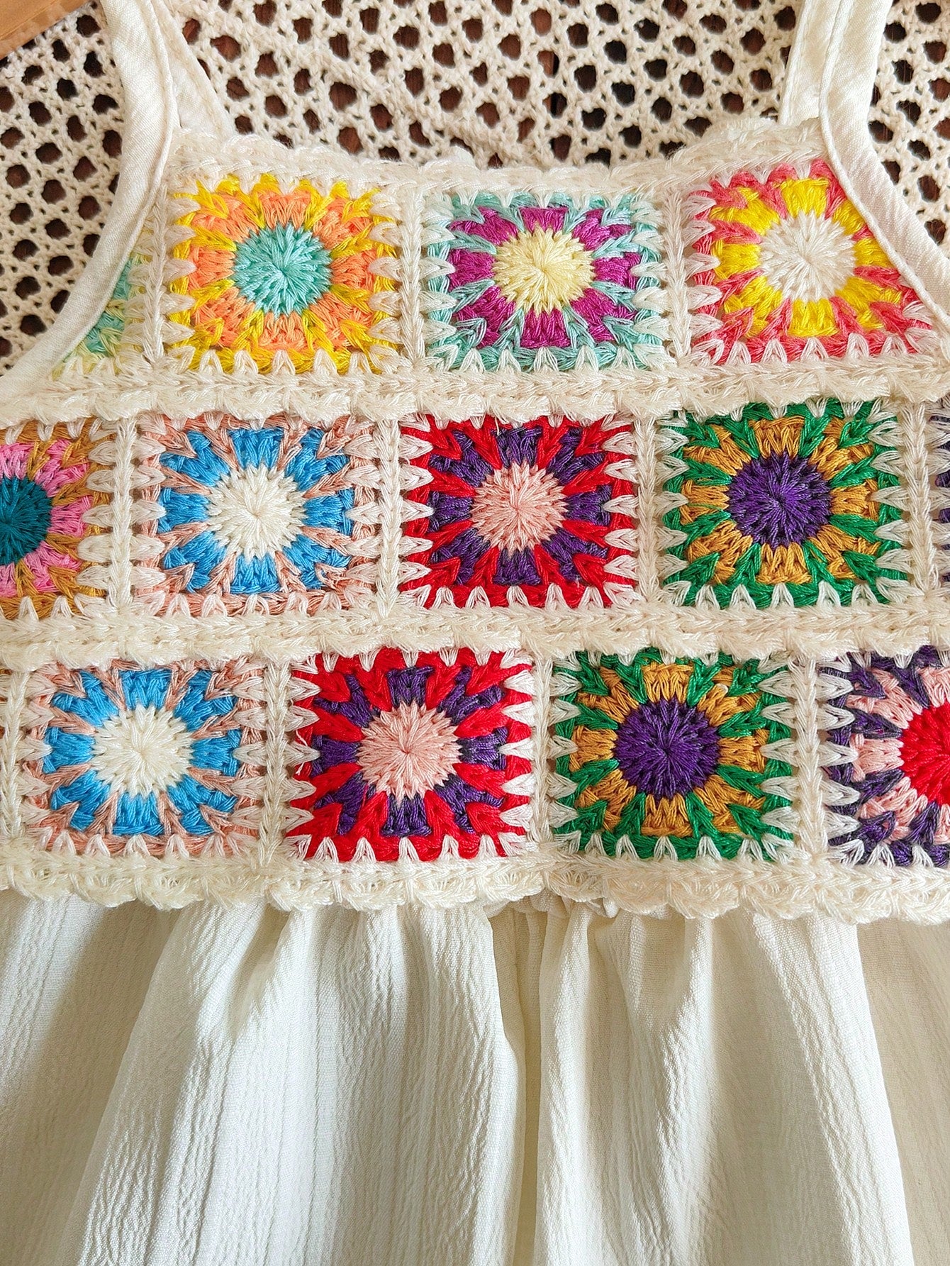 Girls Crochet Granny Square Spaghetti Strap Romper - Ecru