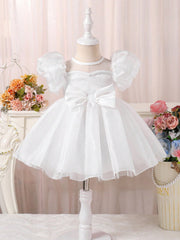Girls Puff Sleeve Organza Bow Fit & Flare Dress - Ivory | 21 Centur...