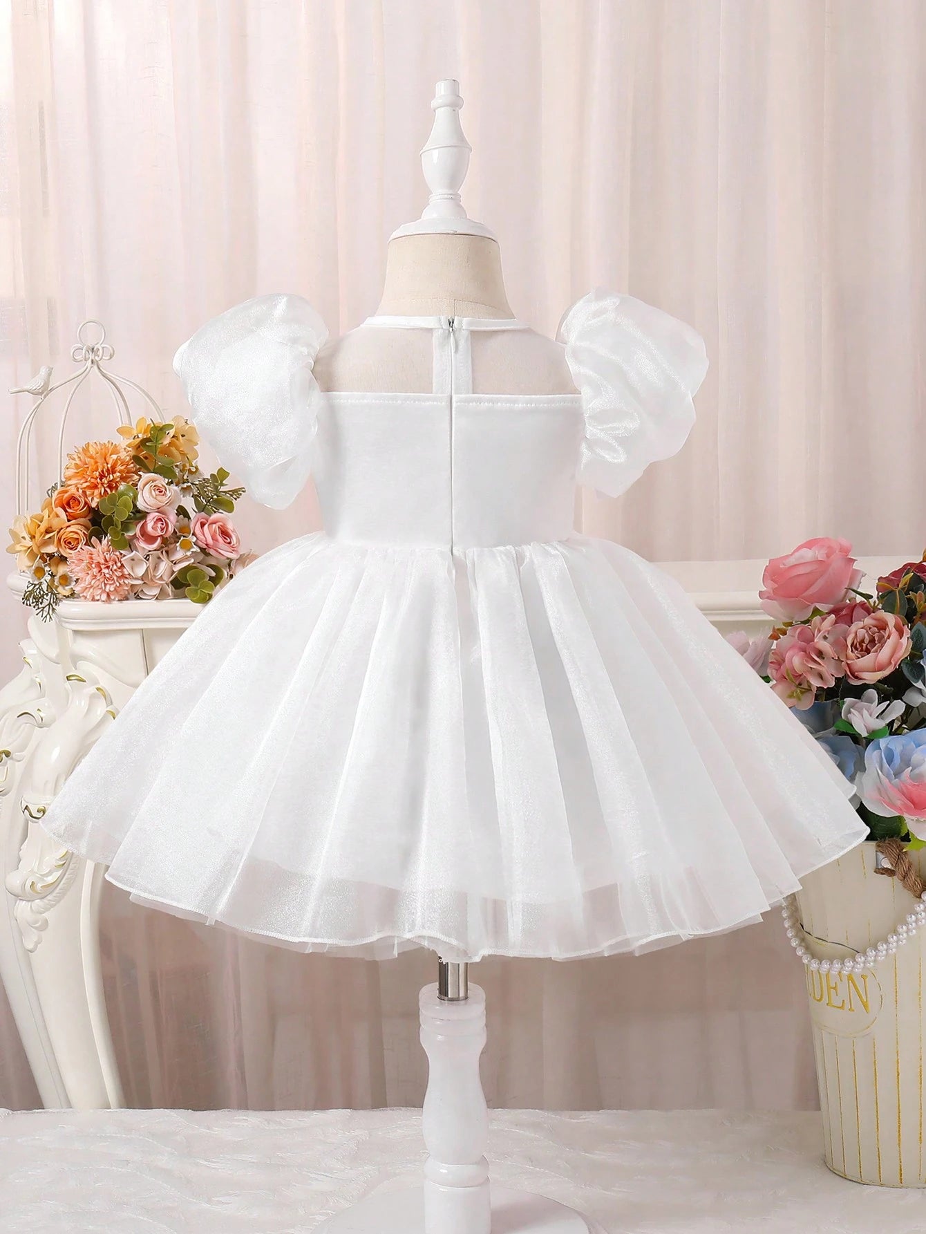 Girls Puff Sleeve Organza Bow Fit & Flare Dress - Ivory | 21 Centur...