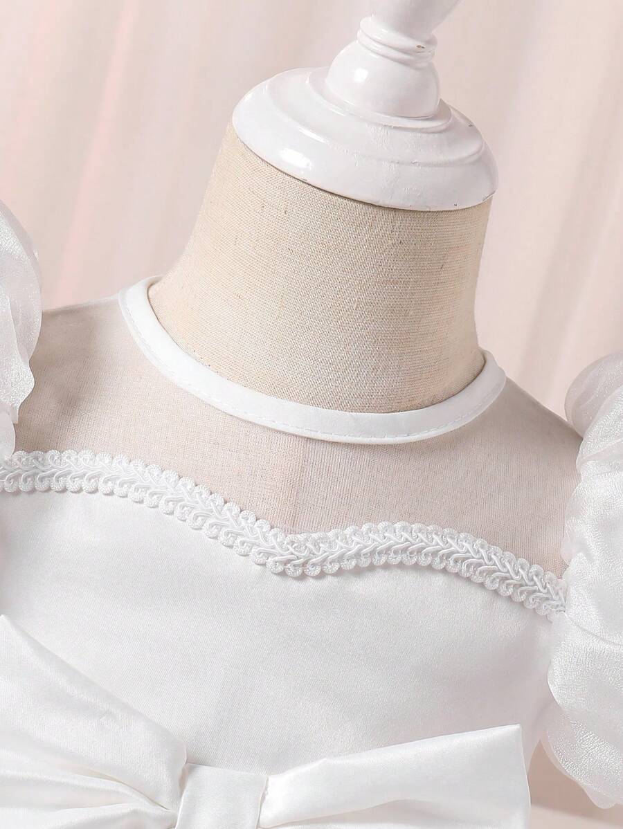 Girls Puff Sleeve Organza Bow Fit & Flare Dress - Ivory | 21 Centur...