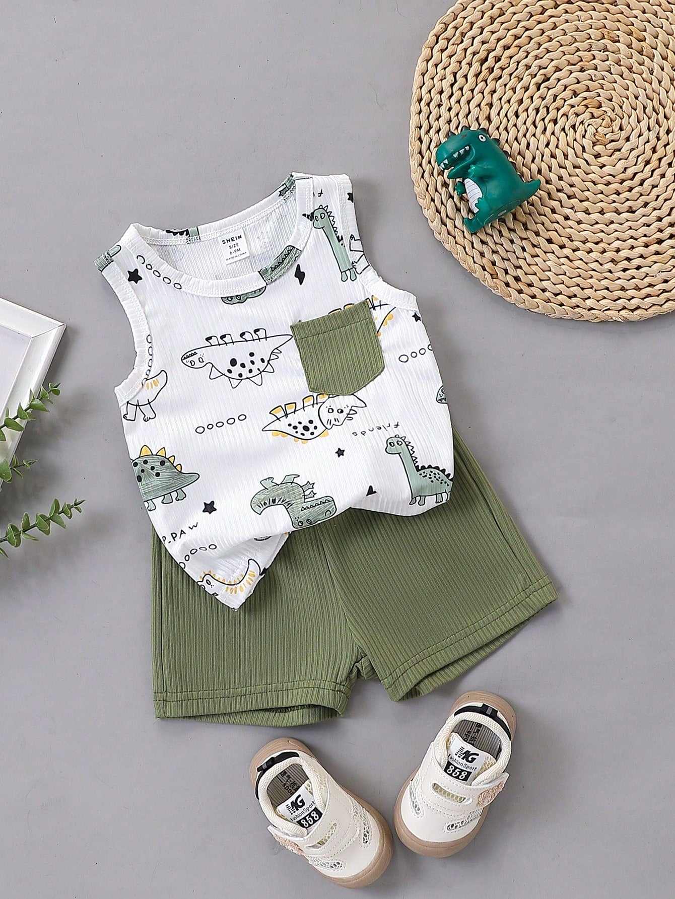 Boys Dino Print Ribbed Tank Top & Shorts Set - Isabelline