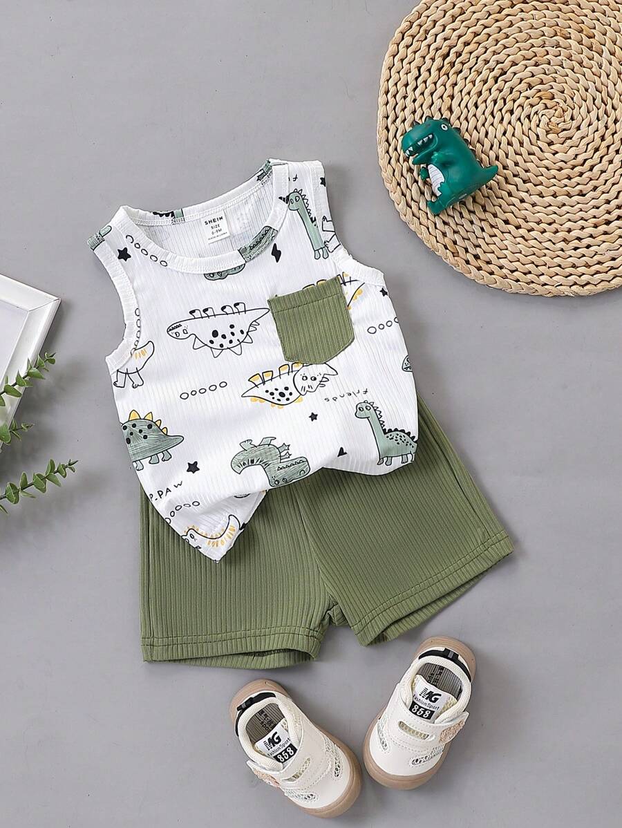 Boys Dino Print Ribbed Tank Top & Shorts Set - Isabelline