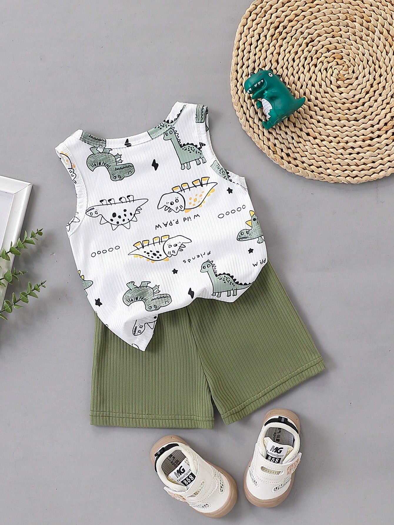 Boys Dino Print Ribbed Tank Top & Shorts Set - Isabelline