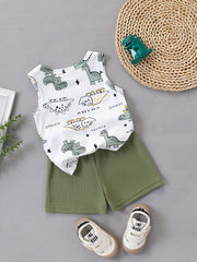 Boys Dino Print Ribbed Tank Top & Shorts Set - Isabelline