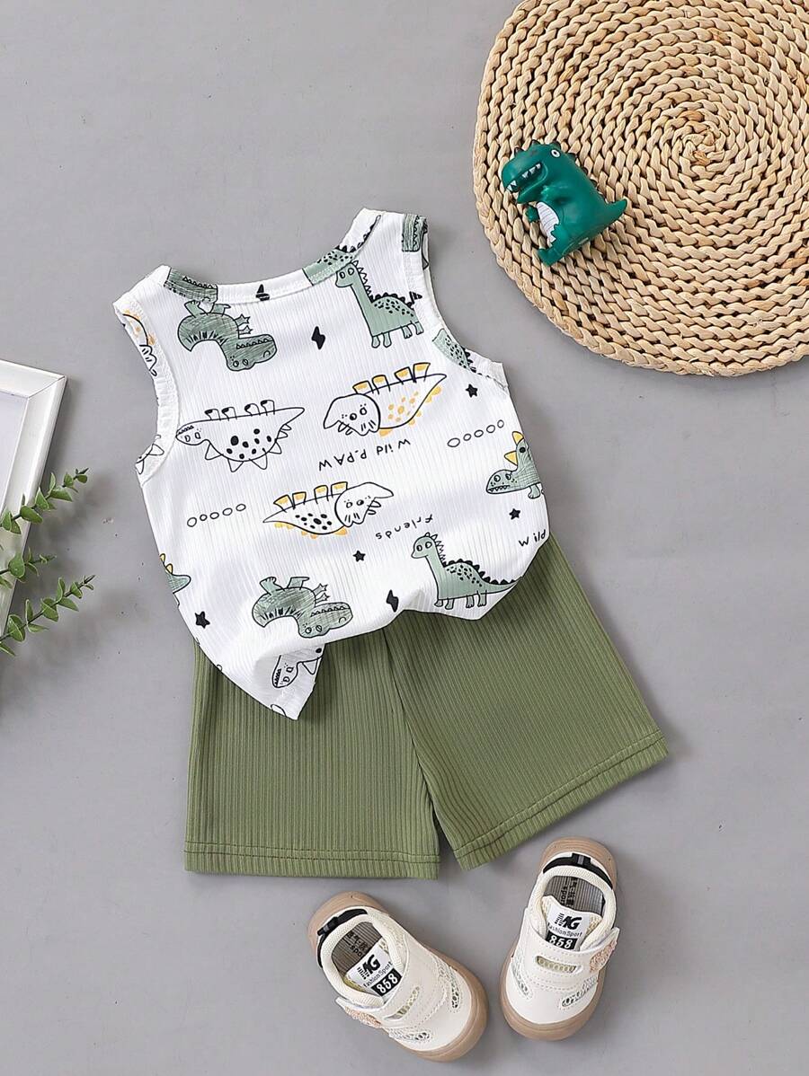Boys Dino Print Ribbed Tank Top & Shorts Set - Isabelline