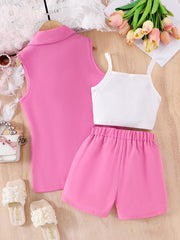 3pcs Girls Pearl-Embellished Blazer Vest & Shorts Set - Fuchsia