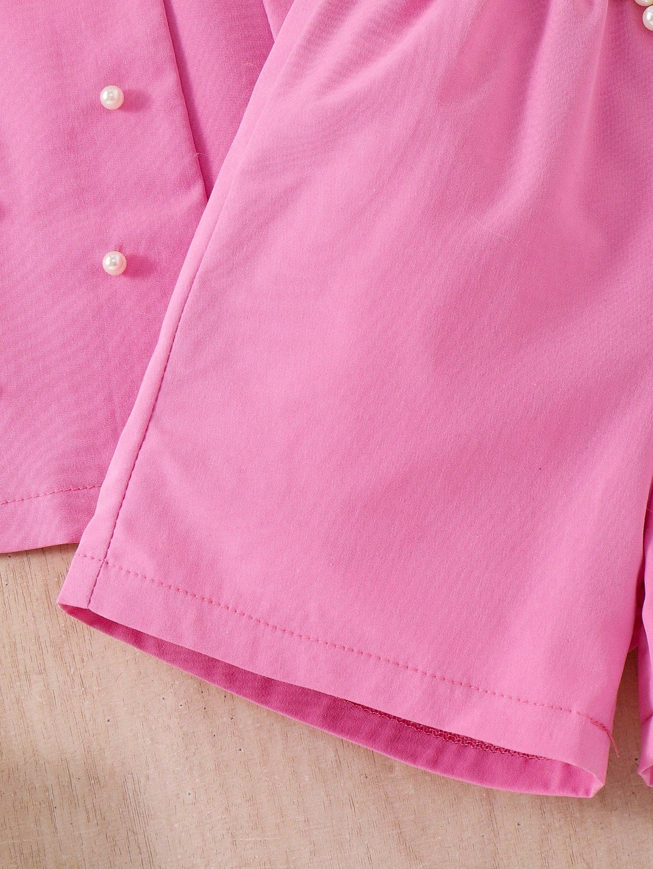 3pcs Girls Pearl-Embellished Blazer Vest & Shorts Set - Fuchsia