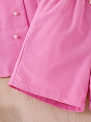3pcs Girls Pearl-Embellished Blazer Vest & Shorts Set - Fuchsia
