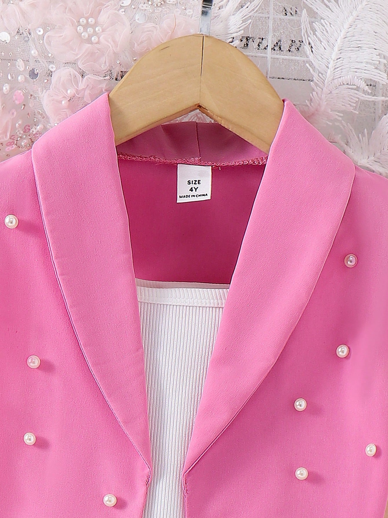 3pcs Girls Pearl-Embellished Blazer Vest & Shorts Set - Fuchsia