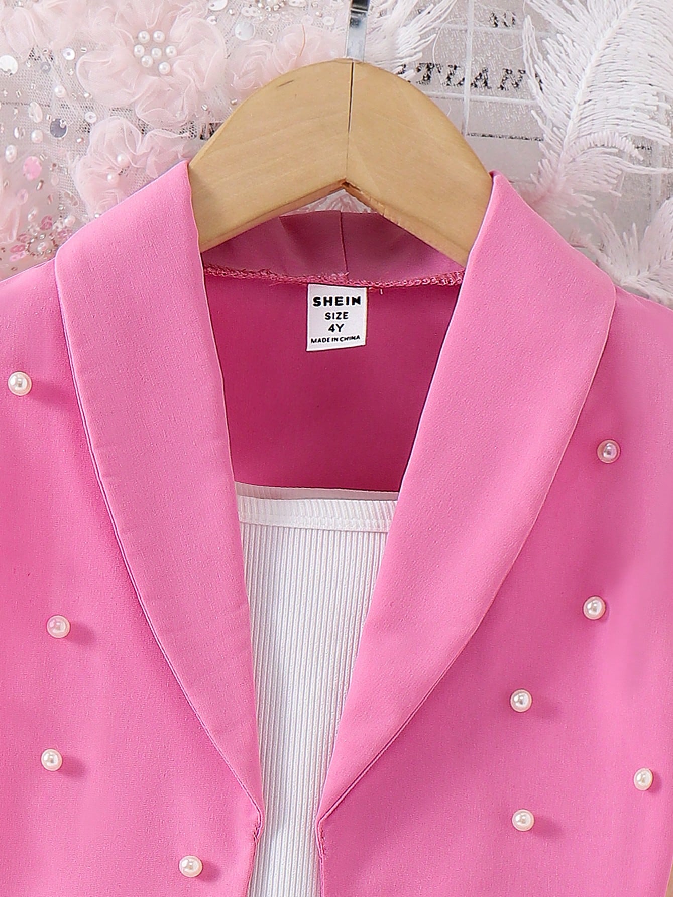 3pcs Girls Pearl-Embellished Blazer Vest & Shorts Set - Fuchsia