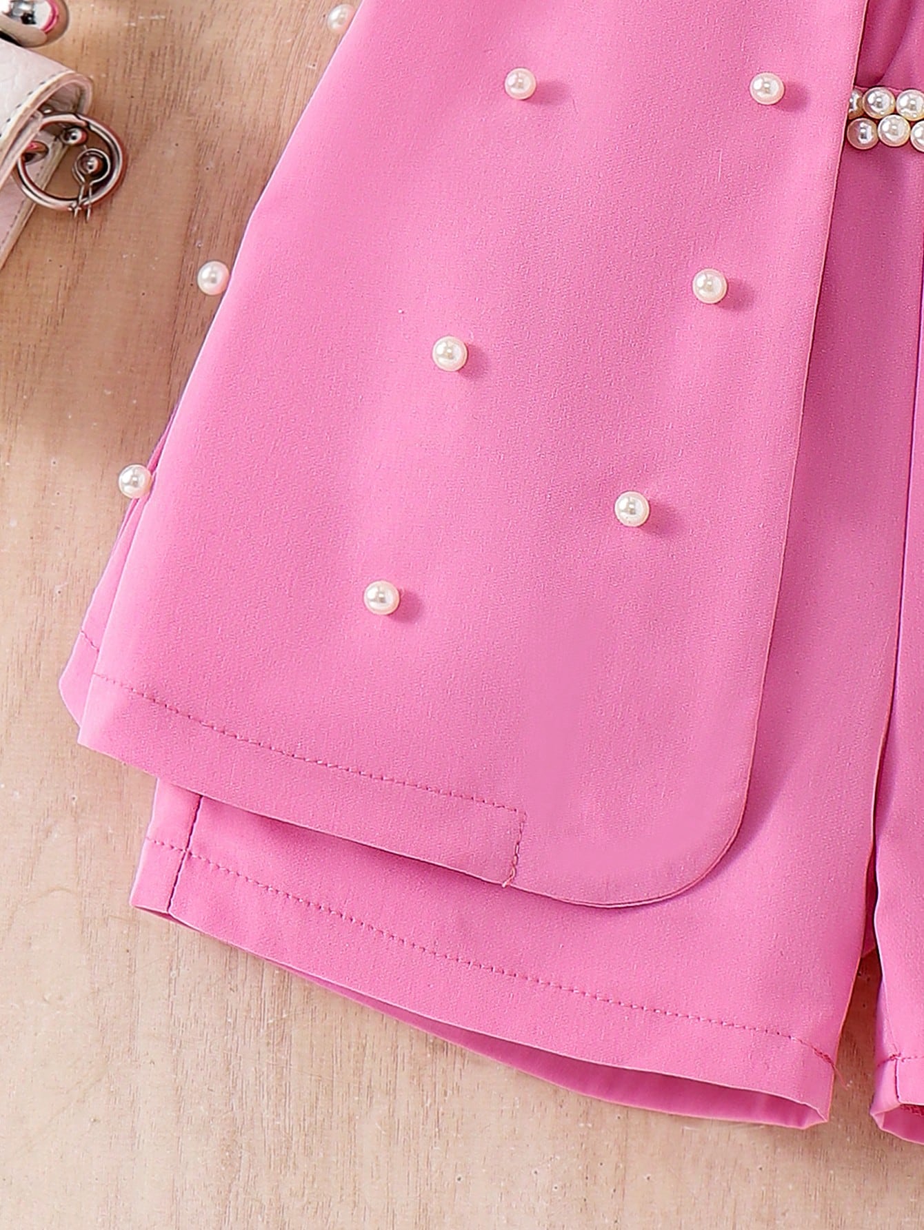 3pcs Girls Pearl-Embellished Blazer Vest & Shorts Set - Fuchsia
