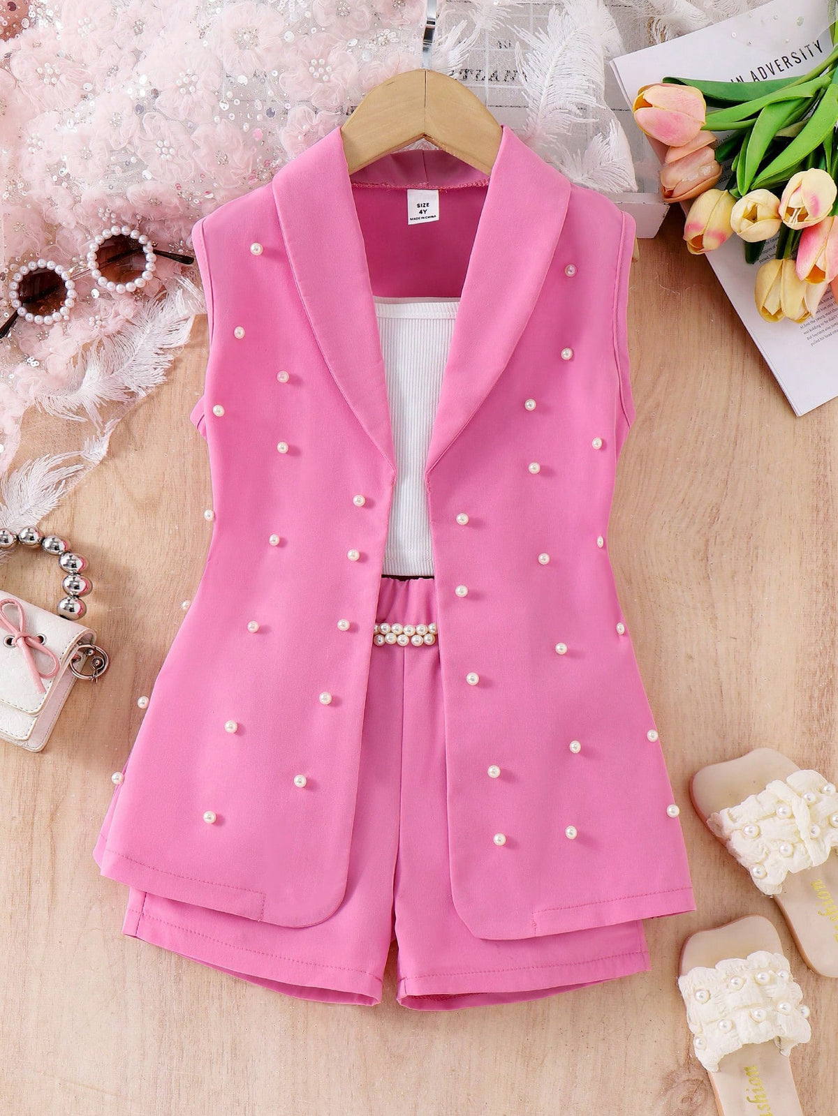 3pcs Girls Pearl-Embellished Blazer Vest & Shorts Set - Fuchsia