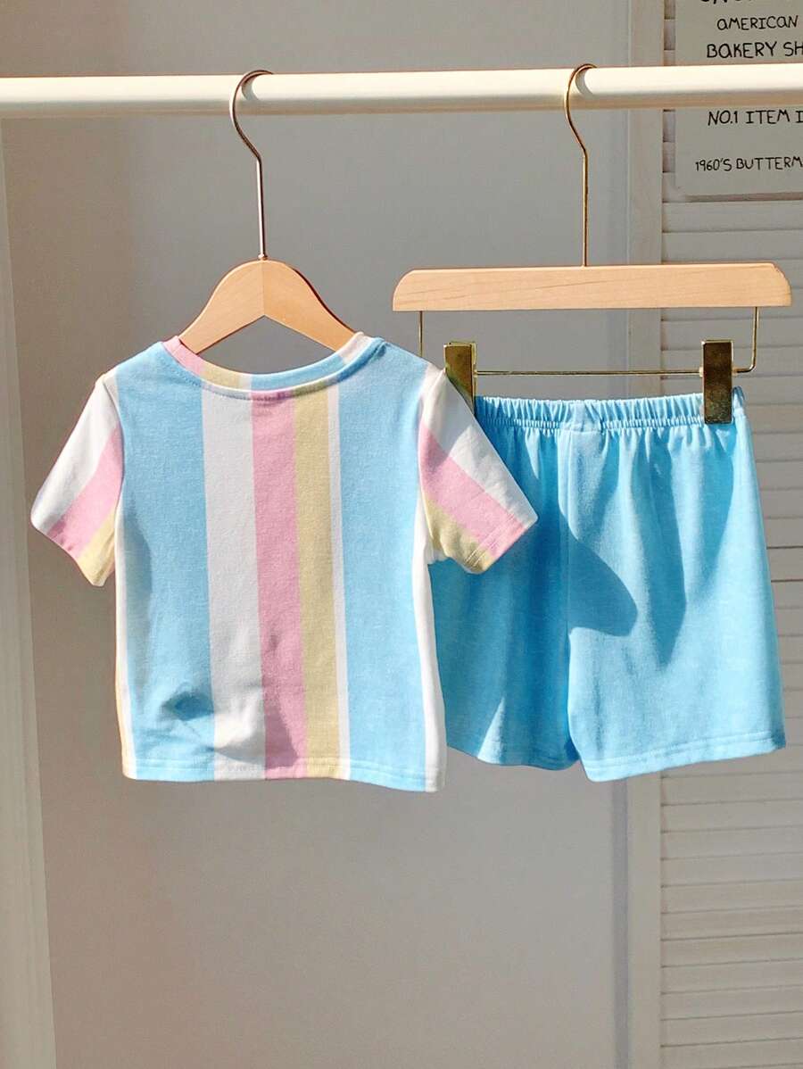 2pcs Little Boys Rainbow Stripe Tee & Shorts Set - Cerulean