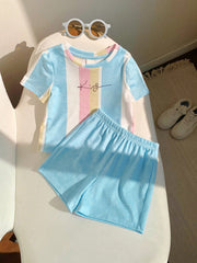 2pcs Little Boys Rainbow Stripe Tee & Shorts Set - Cerulean