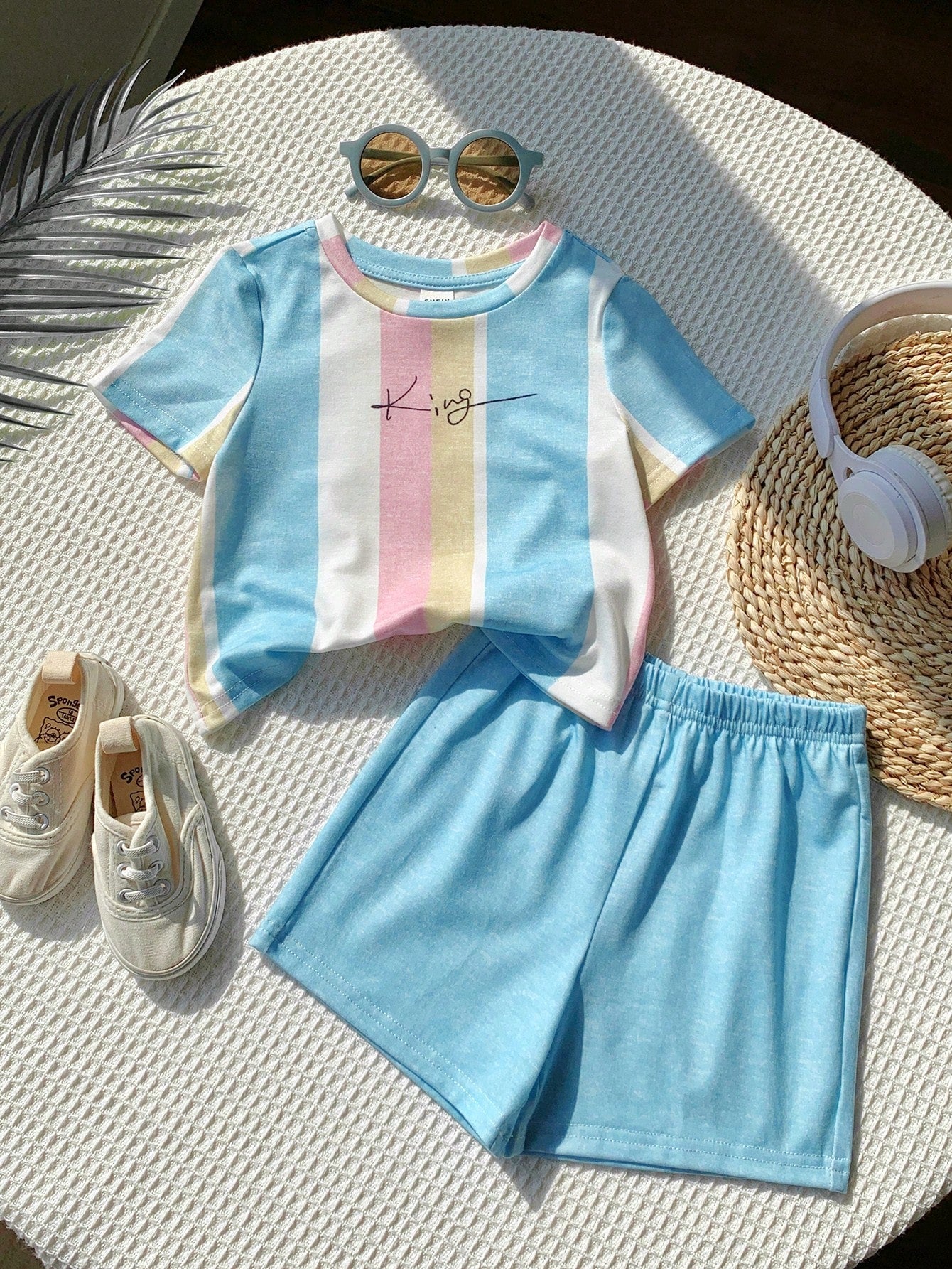 2pcs Little Boys Rainbow Stripe Tee & Shorts Set - Cerulean