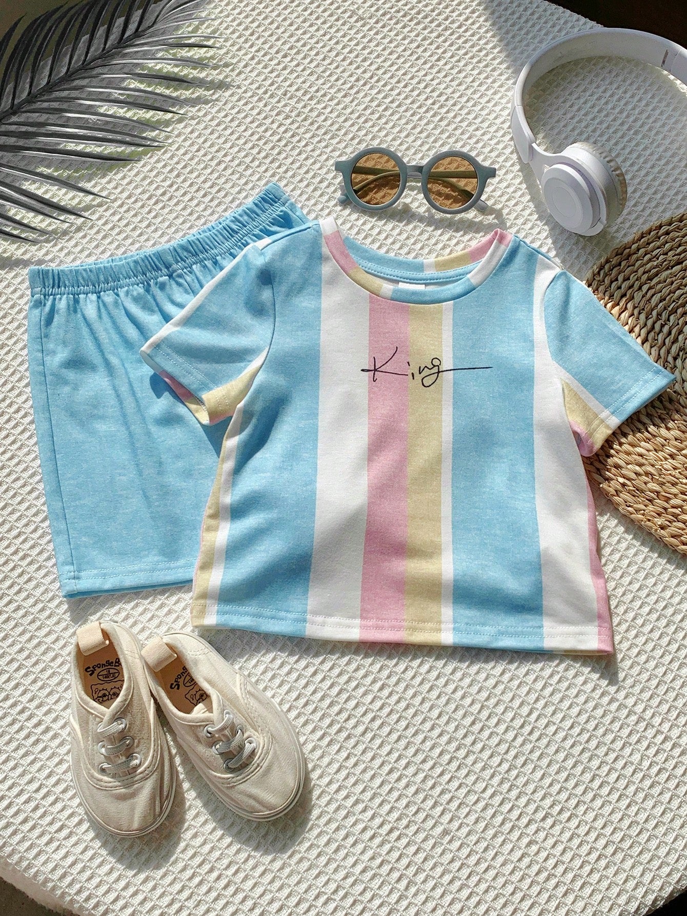 2pcs Little Boys Rainbow Stripe Tee & Shorts Set - Cerulean