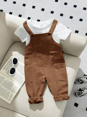 Baby Boys Textured Cotton Bib Overall - Cognac