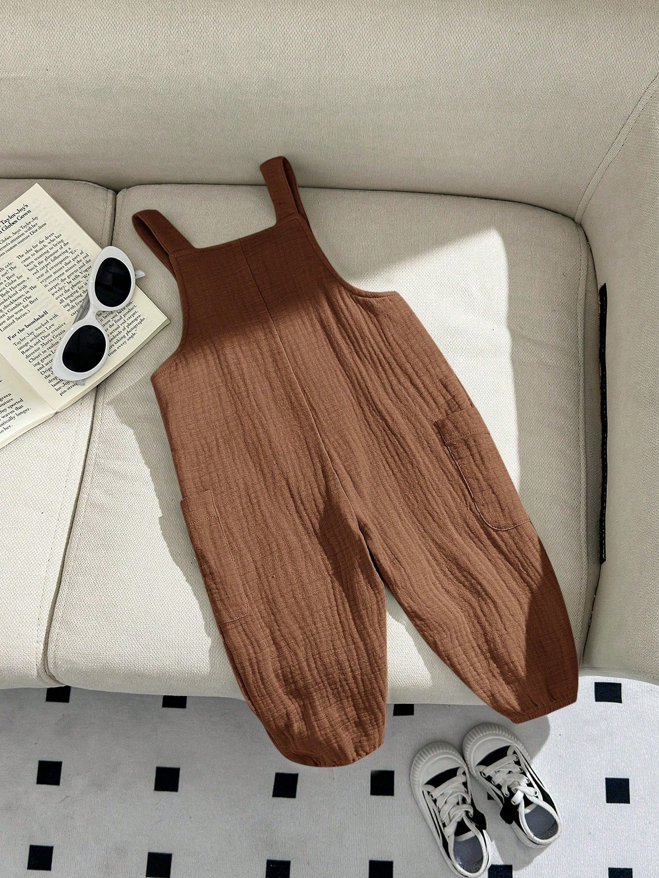 Baby Boys Textured Cotton Bib Overall - Cognac