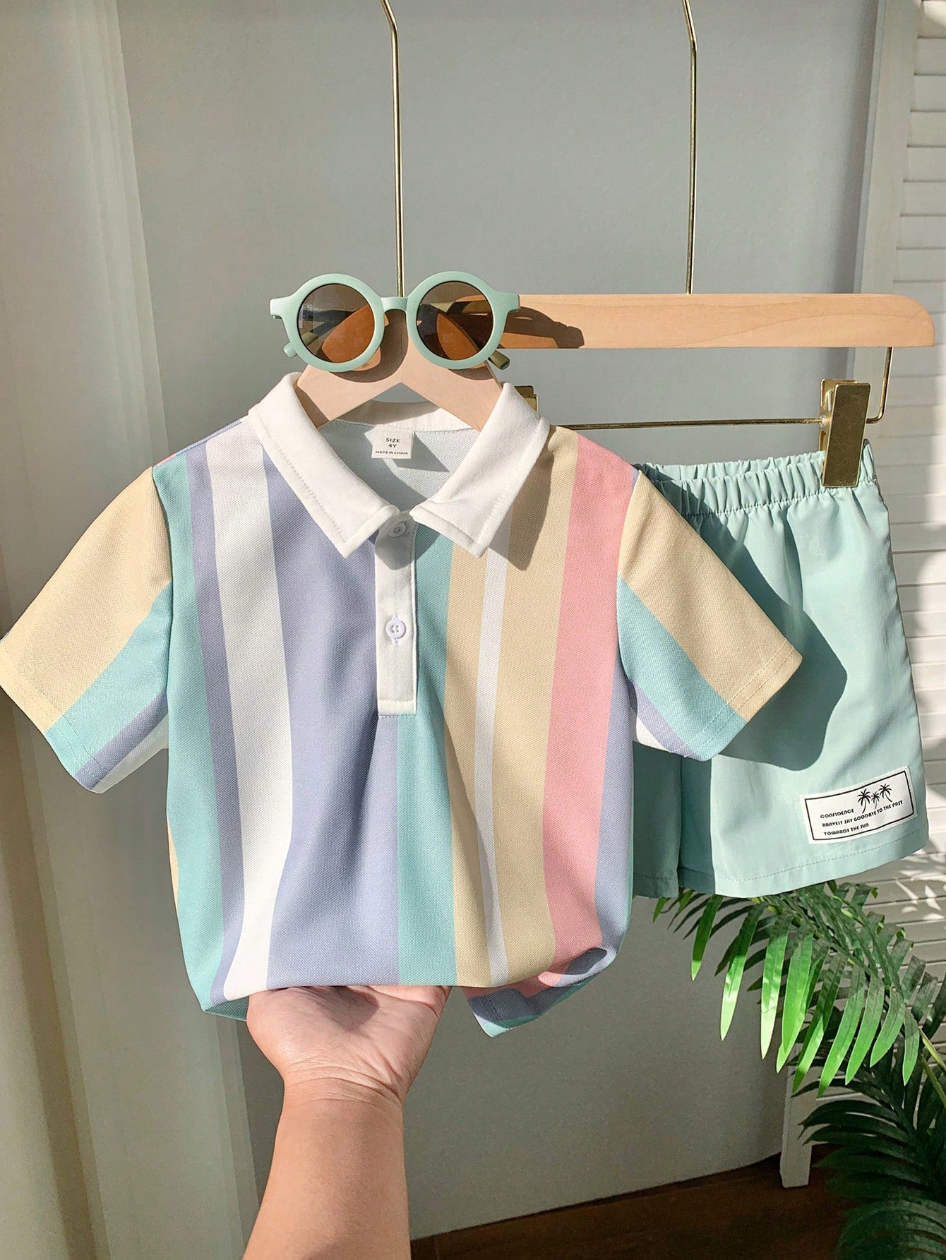 2pcs Boys Pastel Rainbow Stripe Polo & Shorts Set - Isabelline