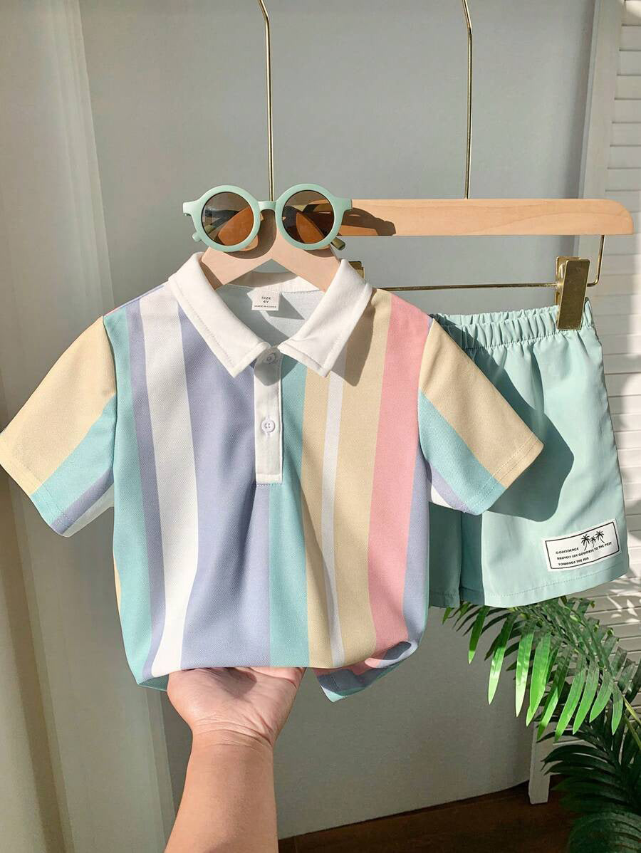 2pcs Boys Pastel Rainbow Stripe Polo & Shorts Set - Isabelline