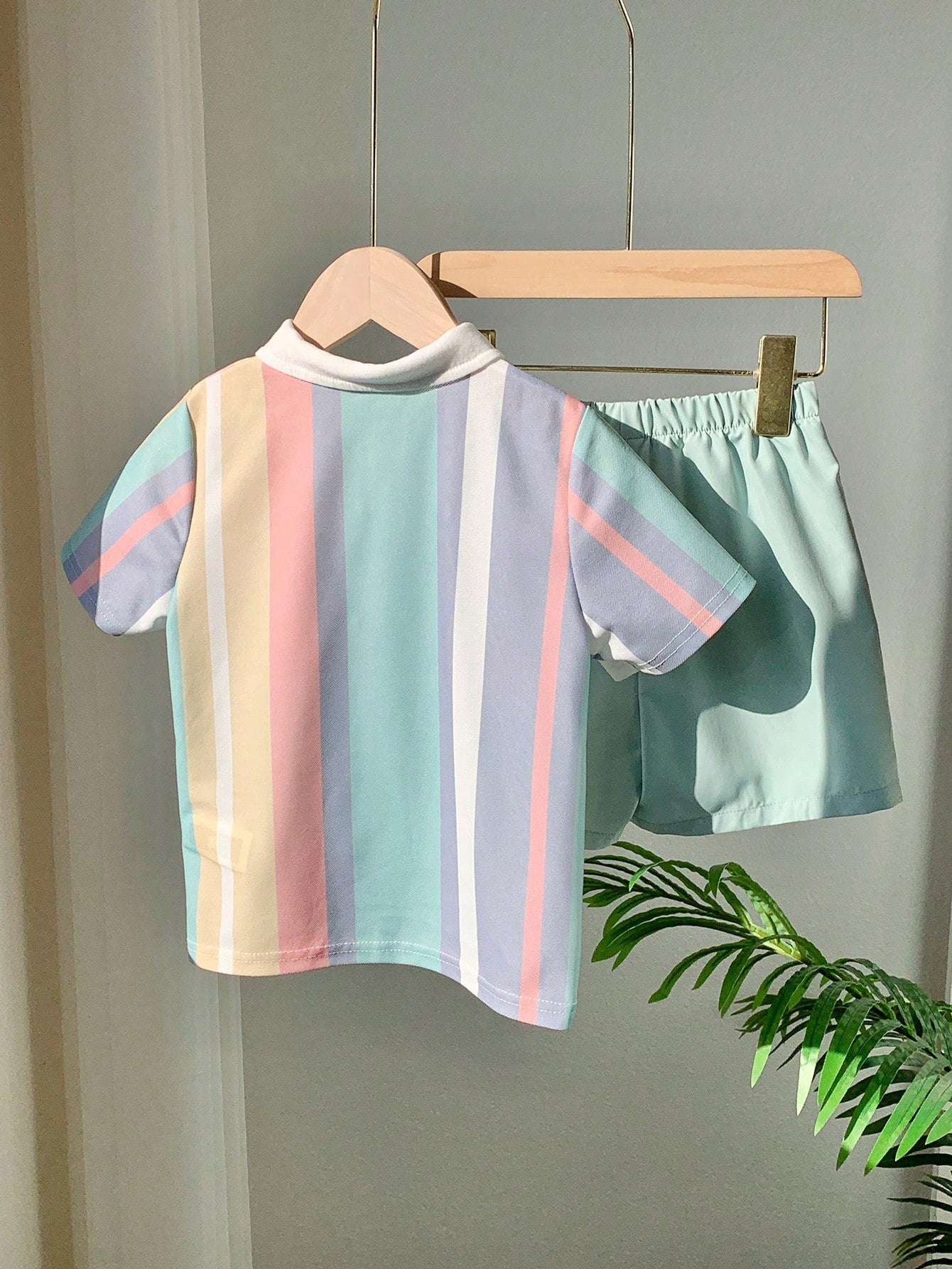 2pcs Boys Pastel Rainbow Stripe Polo & Shorts Set - Isabelline