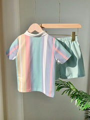 2pcs Boys Pastel Rainbow Stripe Polo & Shorts Set - Isabelline