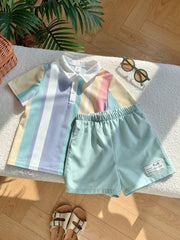2pcs Boys Pastel Rainbow Stripe Polo & Shorts Set - Isabelline