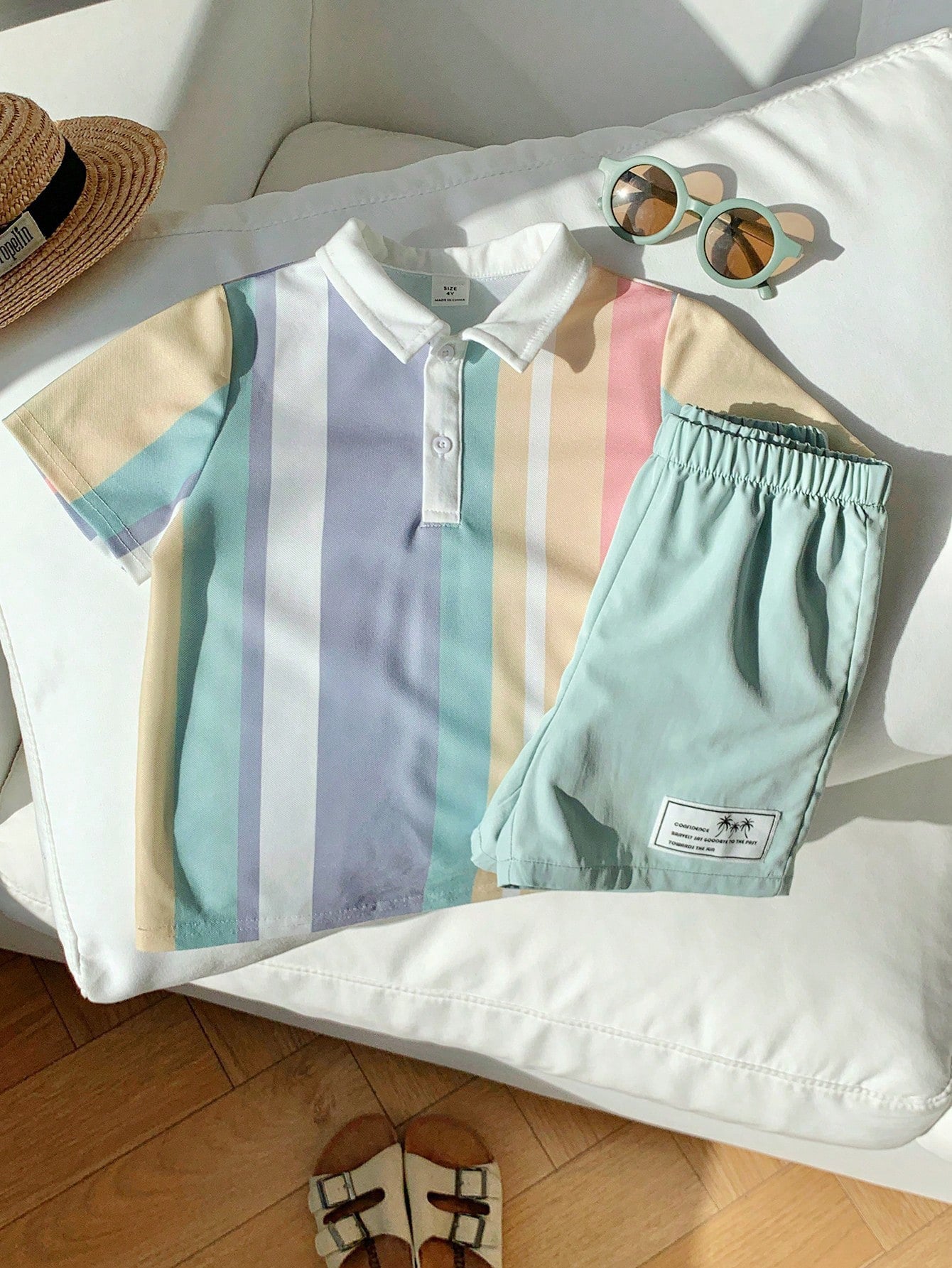 2pcs Boys Pastel Stripe Polo Shirt & Shorts Set - Opal