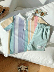 2pcs Boys Pastel Stripe Polo Shirt & Shorts Set - Opal