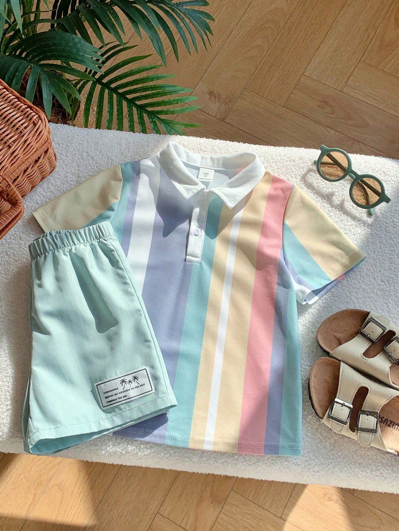 2pcs Boys Pastel Rainbow Stripe Polo & Shorts Set - Isabelline