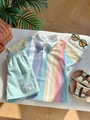 2pcs Boys Pastel Rainbow Stripe Polo & Shorts Set - Isabelline