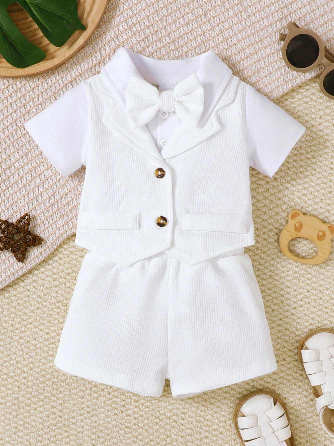 3pcs Baby Boys Waffle Vest Bodysuit & Shorts Set - Ivory | 21 Centu...
