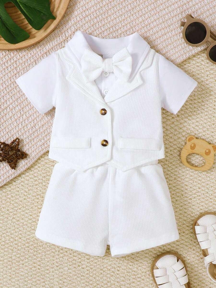 3pcs Baby Boys Waffle Vest Bodysuit & Shorts Set - Ivory | 21 Centu...