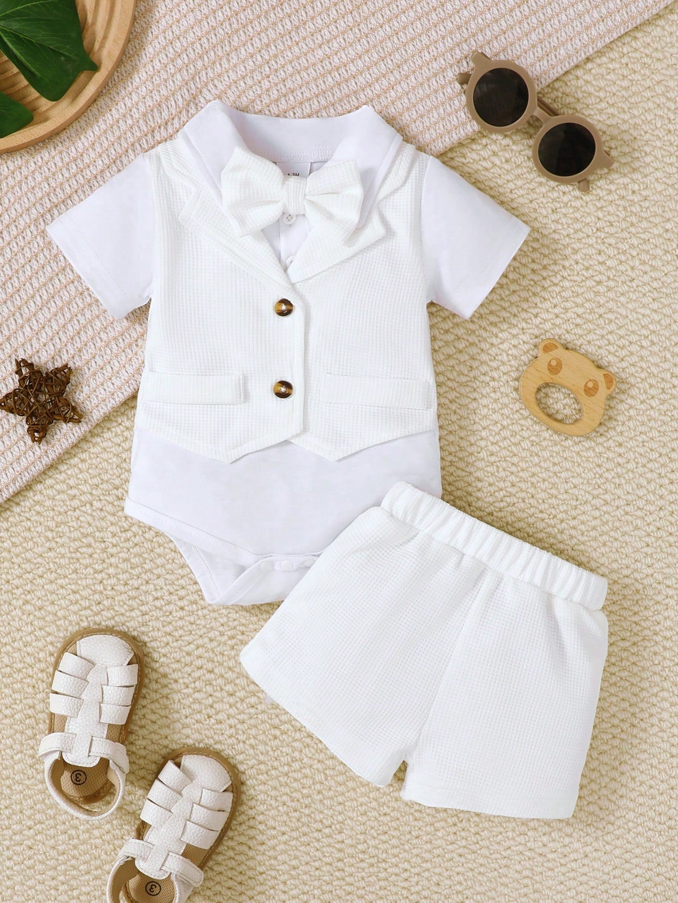 3pcs Baby Boys Waffle Vest Bodysuit & Shorts Set - Ivory | 21 Centu...