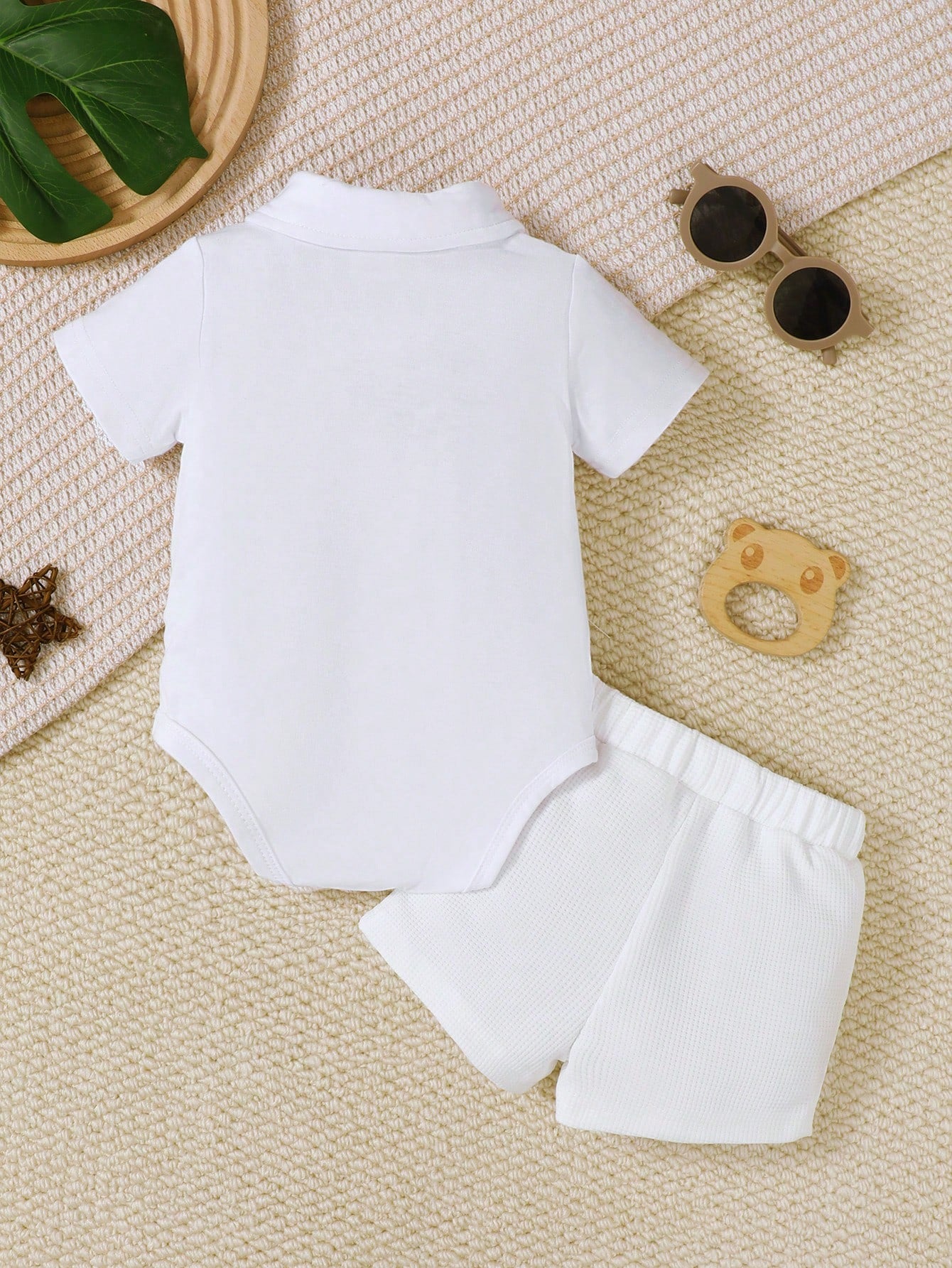 3pcs Baby Boys Waffle Vest Bodysuit & Shorts Set - Ivory | 21 Centu...