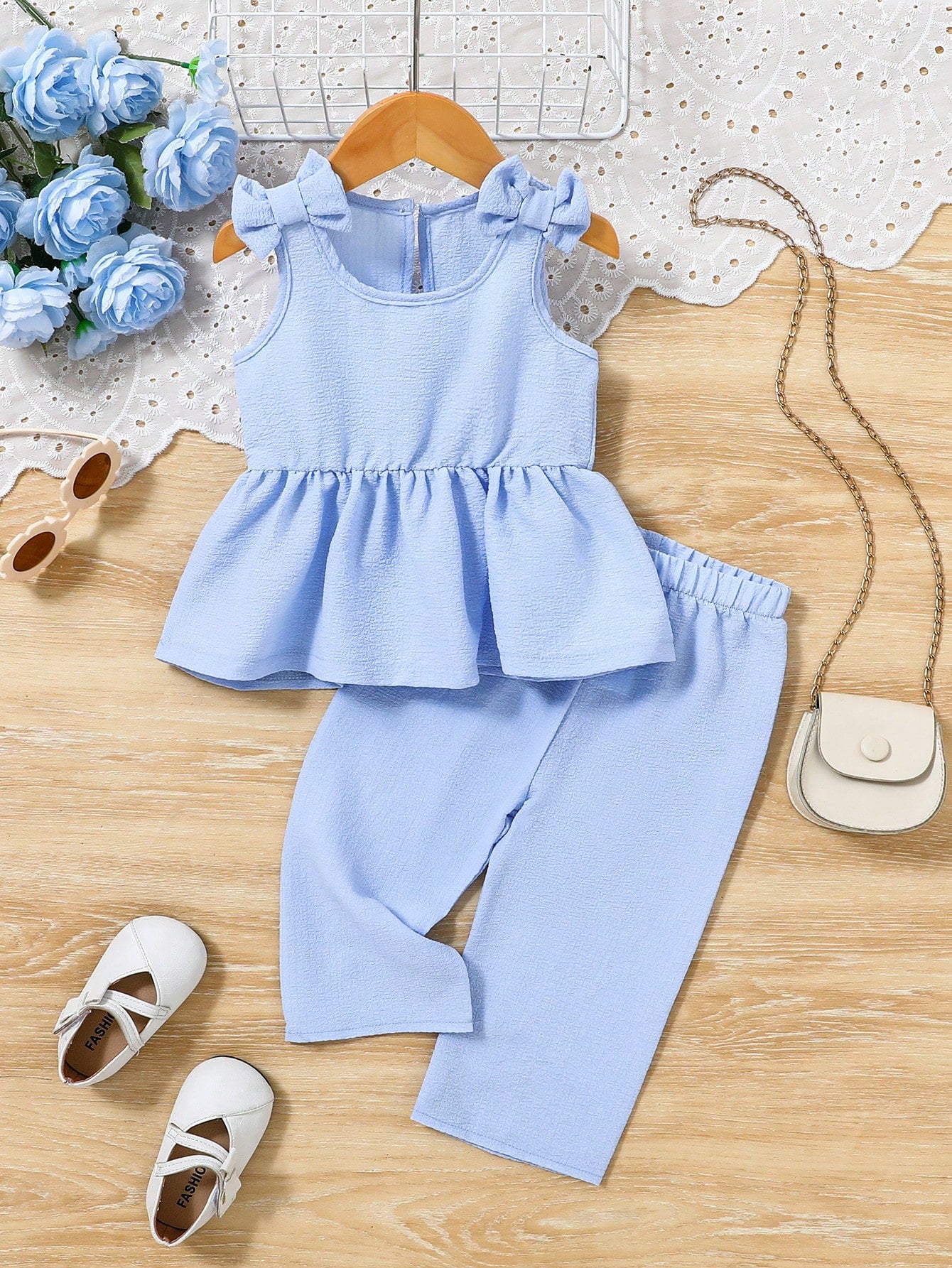 2pcs Girls Bow Shoulder Peplum Top & Wide-Leg Pants Set - Periwinkl...