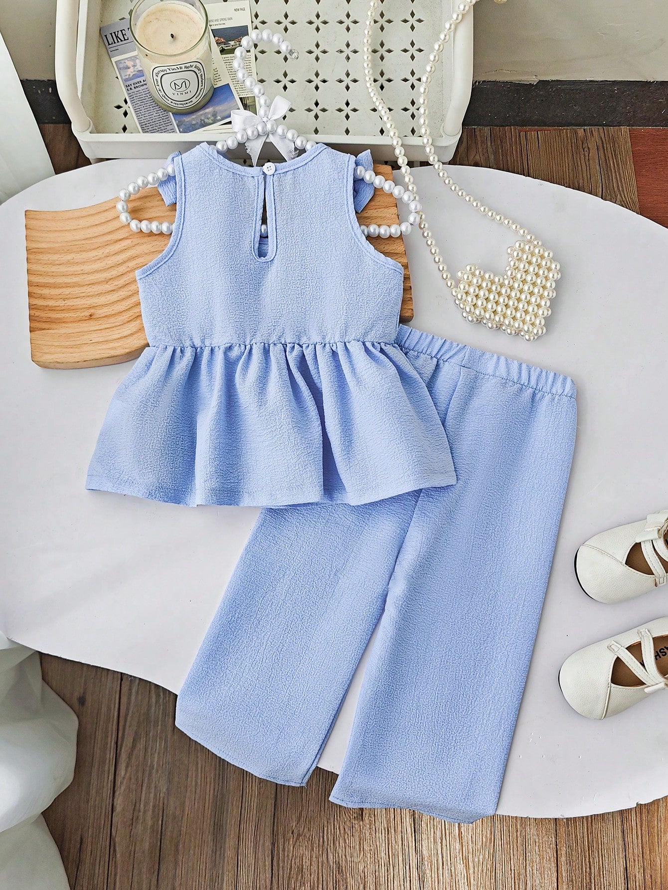 2pcs Girls Bow Shoulder Peplum Top & Wide-Leg Pants Set - Periwinkl...