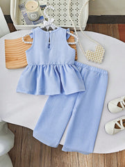 2pcs Girls Bow Shoulder Peplum Top & Wide-Leg Pants Set - Periwinkl...