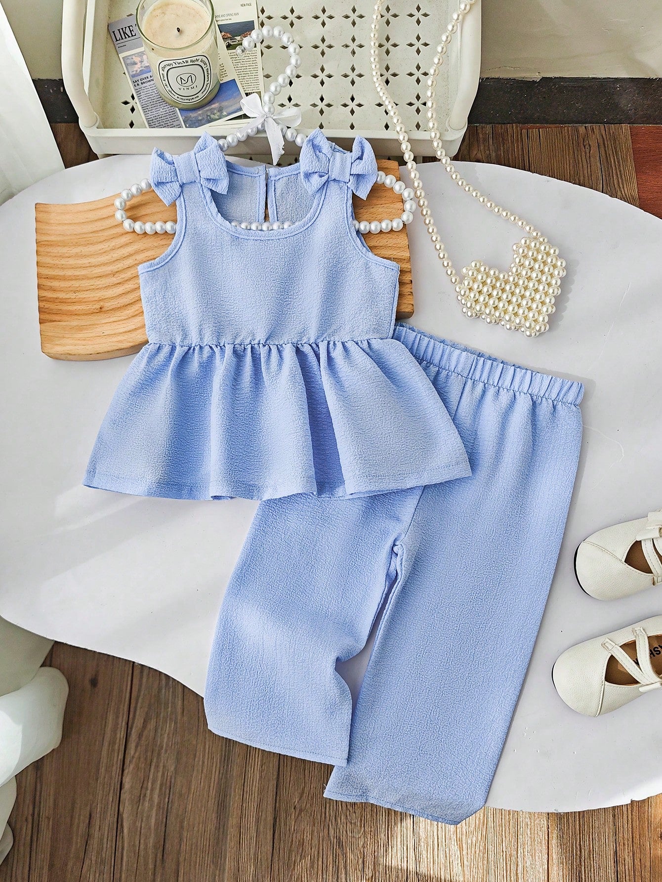 2pcs Girls Bow Shoulder Peplum Top & Wide-Leg Pants Set - Periwinkl...
