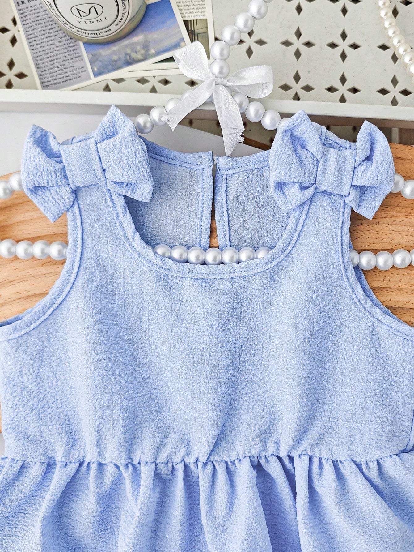 2pcs Girls Bow Shoulder Peplum Top & Wide-Leg Pants Set - Periwinkl...