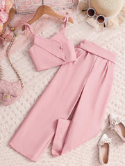 2pcs Little Girls Tie-Strap Crop Top & Wide-Leg Trousers Set - Blush