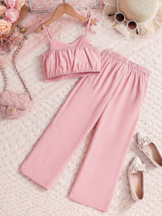 2pcs Little Girls Tie-Strap Crop Top & Wide-Leg Trousers Set - Blush