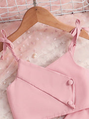 2pcs Little Girls Tie-Strap Crop Top & Wide-Leg Trousers Set - Blush