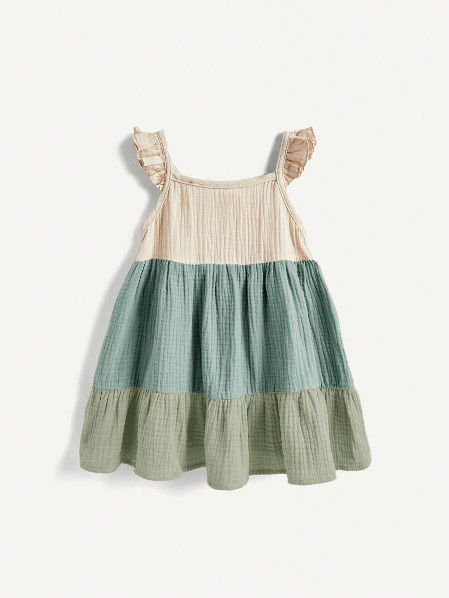 Baby Girls Colorblock Tiered Ruffle Smock Dress - Sage