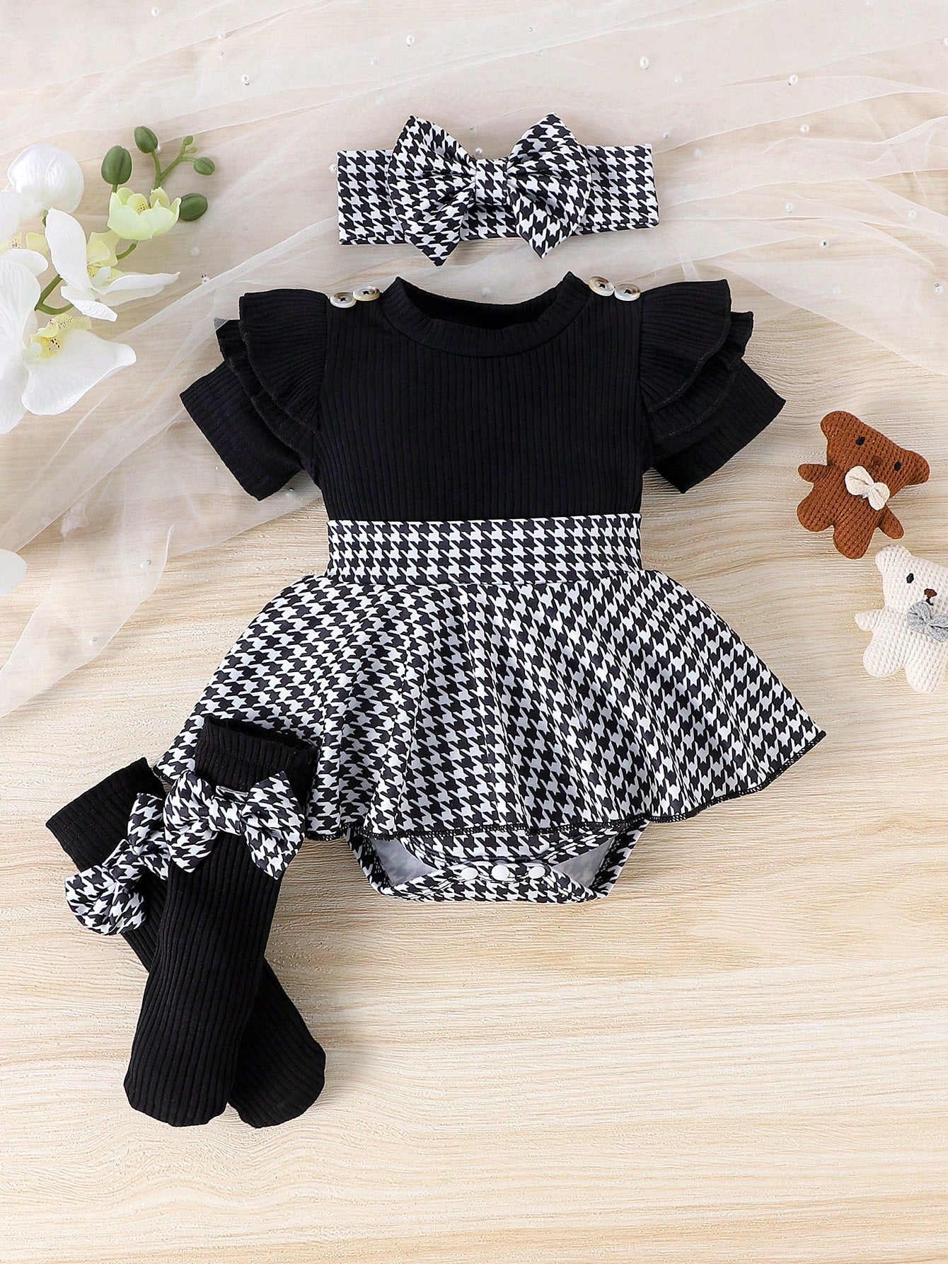 Baby Girls Houndstooth Ruffle Bodysuit Gift Set - Onyx