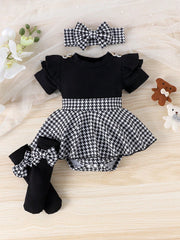 Baby Girls Houndstooth Ruffle Bodysuit Gift Set - Onyx