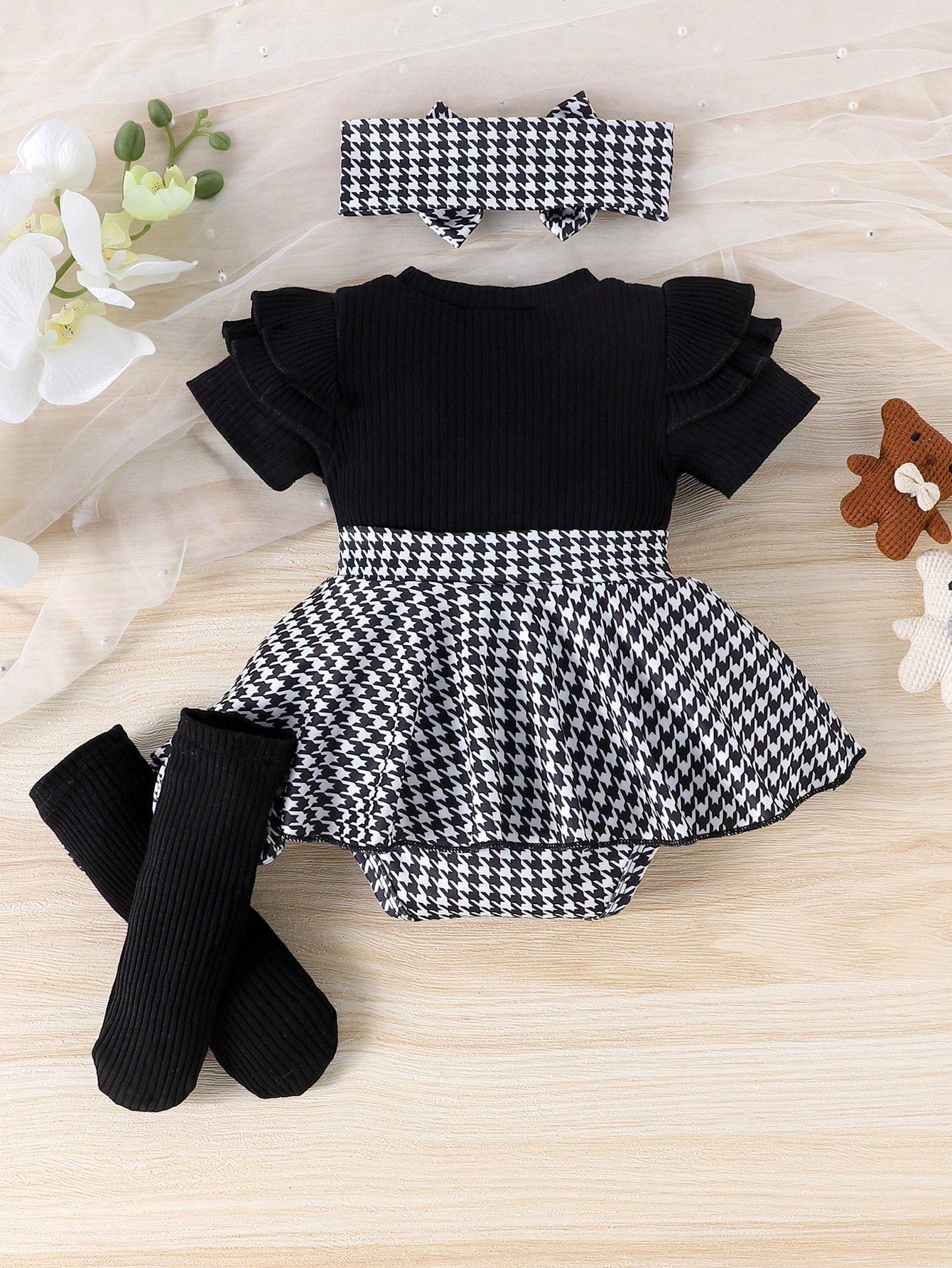 Baby Girls Houndstooth Ruffle Bodysuit Gift Set - Onyx