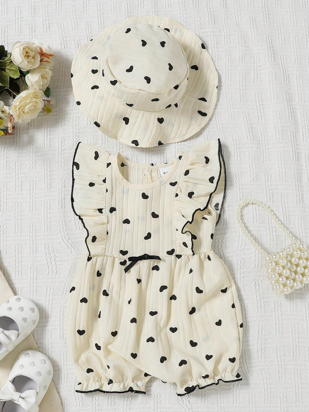 Girls Heart Print Ruffle Sleeveless Romper & Hat - Ivory
