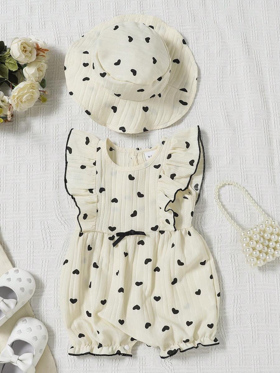 Girls Heart Print Ruffle Sleeveless Romper & Hat - Ivory