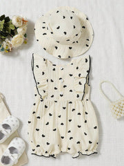 Girls Heart Print Ruffle Sleeveless Romper & Hat - Ivory